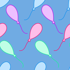 cute colored balloons, vector seamless pattern on blue background, kawaii pattern