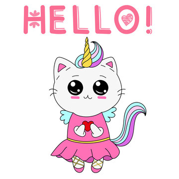 cute unicorn cat with a rainbow tail in a dress and with a heart, vector children illustration, kawaii drawing, text hello