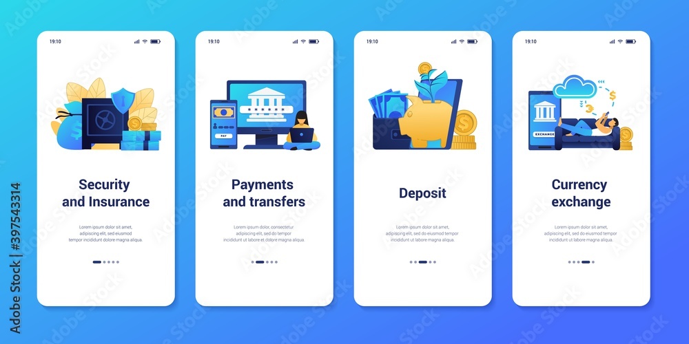 Poster Online banking application. Smartphone interface design. Mobile payment service and digital finance transfer or transaction. Insurance and currency exchange. Web UI touch screen templates, vector set