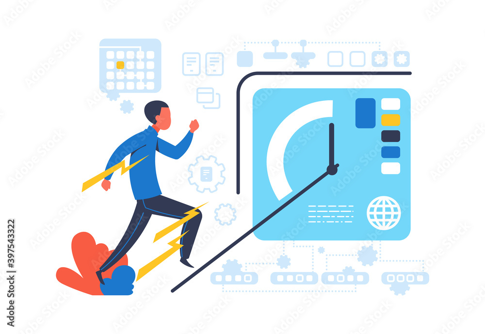 Poster office worker panic. cartoon young man running fast. deadline and job problems or productivity impro