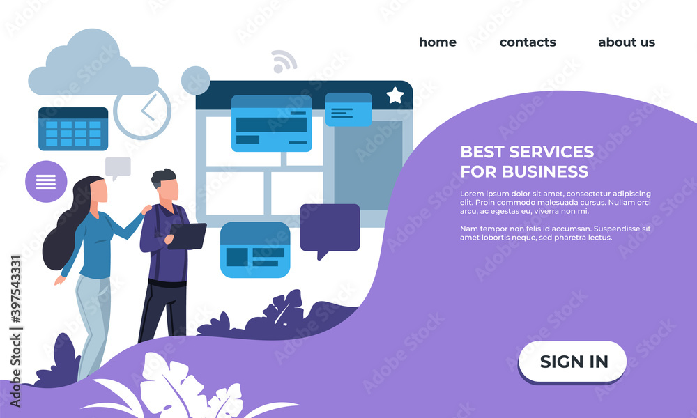 Poster Online marketing landing page. Web services for business. Website interface with text and button. Optimization and management work processes with modern technologies. Vector internet platform template