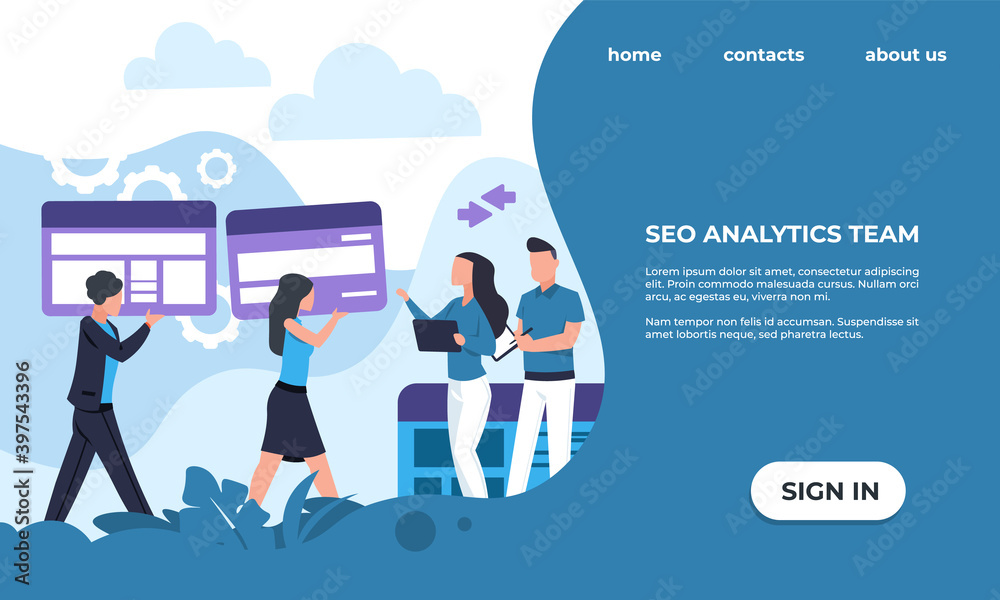 Leinwandbilder SEO analytics team landing page. Website promotion service. Web interface design with headline, text and buttons. Popularity of internet resource, development online platforms. Vector display template