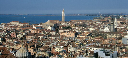 Aerial view of Venice cityscape and skyline seen from St Mark's Campanile at St. Mark's Square in Venice, Italy.