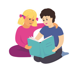 Children with books. Cartoon boy and girl holding textbook. Cute teenagers reading and studying together. Leisure activity and hobby. Fiction or educational literature for kids, vector illustration