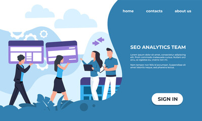Fototapeta na wymiar SEO analytics team landing page. Website promotion service. Web interface design with headline, text and buttons. Popularity of internet resource, development online platforms. Vector display template
