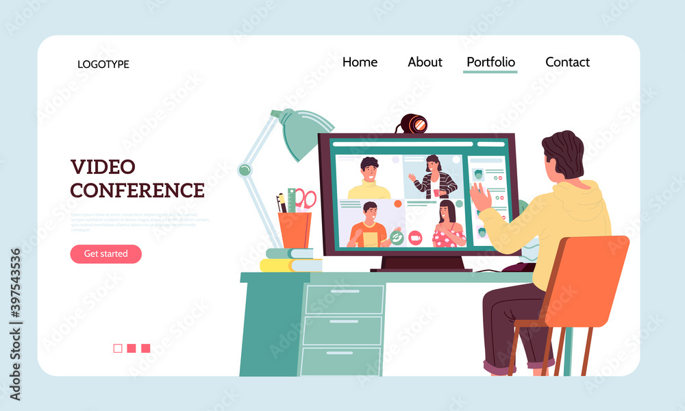Aufkleber online webinar landing page. video conference, team call or virtual education and business meeting. 