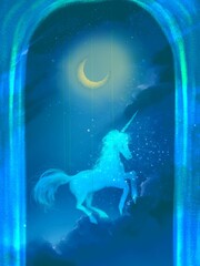 Obraz na płótnie Canvas An illustration of unicorn running on the clouds behind Blue semi-transparent gate