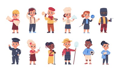 Kids in costumes. Cartoon happy children playing adults in suits of different professions. Isolated cute boys and girls wearing staff uniforms. Funny little workers characters, vector occupation set