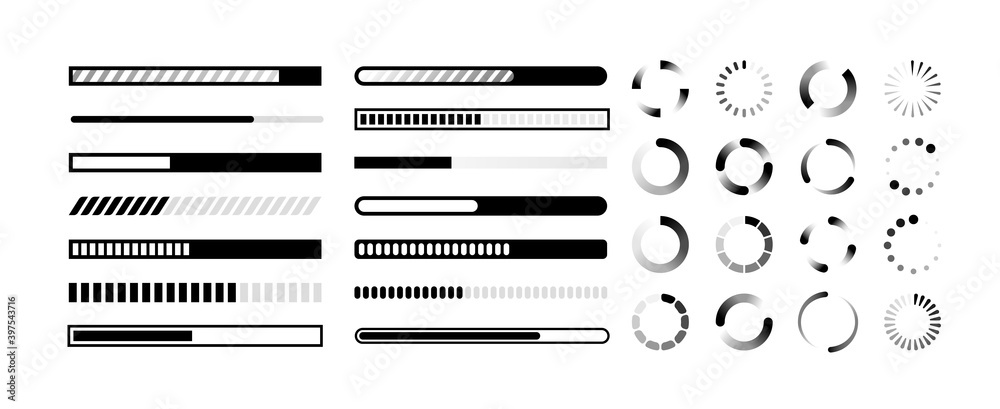 Poster Status bar. Circle and line indicator for upload. Infographics of download process. Black and white reboot and loading charts. Minimalist collection of buffering and data transfer graphs, vector set
