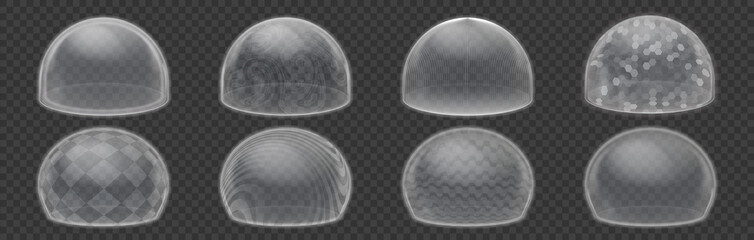 Circle shield. Bubble force field, energy sphere round ball safety barrier collection, realistic 3D science fiction security protection environment element. Vector isolated transparent safety defense
