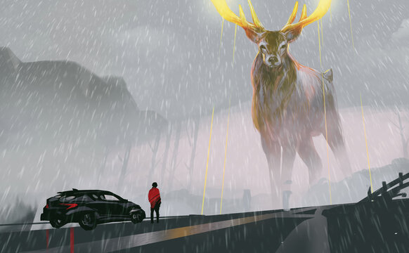 Digital illustration painting design style a man facing with a huge deer is on the road, against raining.