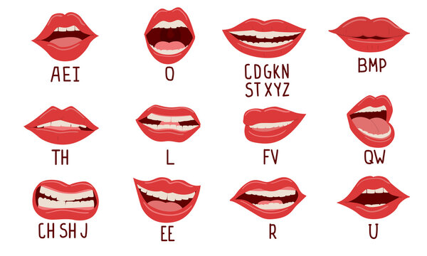 Mouth animation. Alphabet pronunciation, lip position while talking. Woman facial expression, white teeth and tongue. Cartoon parts of face and Latin or English letters. Vector speech therapy set
