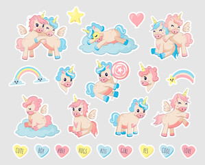 Unicorn patch. Cartoon funny baby animals with horns and wings. Little Pegasus and ponies play on clouds, lie and sleep on rainbow. Fairy tale characters and lettering, vector web stickers design set
