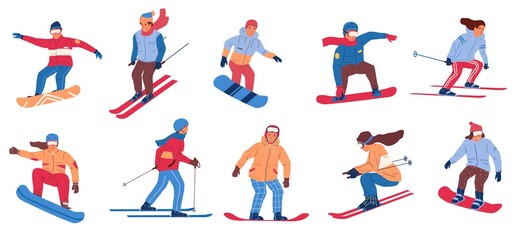 Skier and snowboarder. Cartoon people doing winter sport activities. Extreme rest in mountains, skiing and snowboarding. Isolated cute men and women in winter clothing, helmet and goggles, vector set