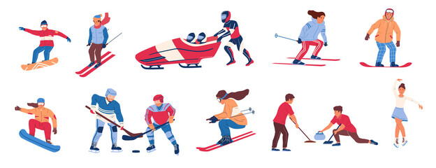 Fototapeta na wymiar Winter sport. Cartoon people cold season activities. Isolated cute men and women skiing and snowboarding, bobsled and figure skating. Teams playing curling and hockey. Vector games flat set