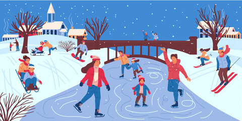 People in winter park. Cartoon men and women skating on ice of frozen river. Cute children sledding and making snowman, adult skiing and snowboarding. City landscape, vector urban recreation area