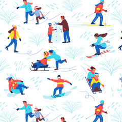 Fototapeta na wymiar Winter park pattern. Seamless texture of cartoon people playing outdoor sport games. Men and women skiing and snowboarding or skating. Cute children sledding and making snowman, vector background