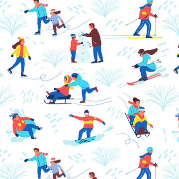 Winter park pattern. Seamless texture of cartoon people playing outdoor sport games. Men and women skiing and snowboarding or skating. Cute children sledding and making snowman, vector background