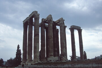 View of Temple of Olympian Zeus and ruins in Athens, Greece.