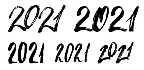 2021 text logo set. Hands sketched the numbers of the new year. 2021 lettering set. Set of new year 2021 lettering. Vector template for t-shirts, invitations, cards, prints, labels.