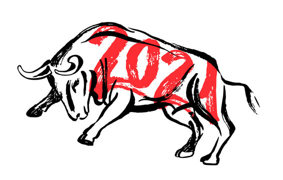 Bull ready to jump ink sketch. Ox, bull, cow on white background. Chinese happy new year 2021. Lunar New Year. Drawing bull, ox, cowhide. Ink illustration. Vector.