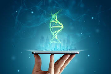 A DNA hologram hangs over the smartphone. Modern technologies, the future of medicine, research of...