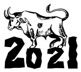 Bull ink sketch. Ox, bull, cow on white background. Chinese happy new year 2021. Lunar New Year. Drawing bull, ox, cowhide ink. Zodiac sign for greetings card, invitation, posters, banners, calendar