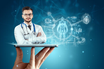 Portrait of a man, a doctor on a smartphone screen, a video conference, an appointment with a doctor online. Hologram graphics medical indicators. Medical technology concept, the future of medicine.