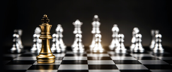 Close up king chess standing on chess board with silver chess in the back concepts of business team and leadership strategy and organization management.
