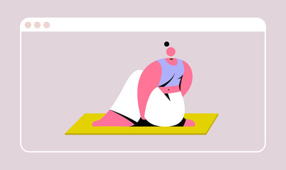 The instructor conducts online yoga classes. Online meditation. Self-development at home. The girl who sits in a position on the rug that is in the web browser window. Home distancing.