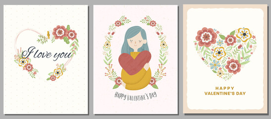 Obraz na płótnie Canvas Set of Valentine's Day cards. Cute young girl holding a big heart, floral heart frames. Can be also used for posters, banners, covers, web ads, etc.
