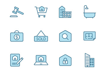 real estate lineal vector icons in two colors isolated on white background. real estate blue icon set for web design, ui, mobile apps and print