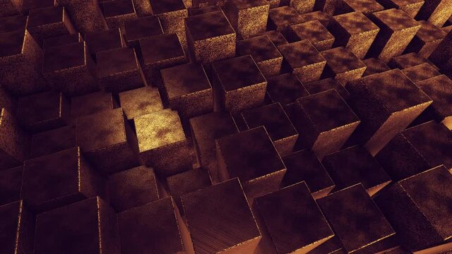 Abstract video background computer render brown golden composition with moving volumetric parallelepipeds with little light