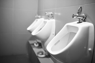 Modern equipment in public toilet. Virus protection concept. Sanitary rules and requirements. Wc in public centre.