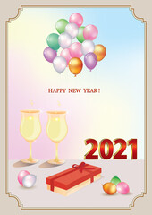 Happy New Year 2021. Greeting card, Celebrating New Year 2021. Happy Holidays. Festive background with box of chocolates, two glasses of champagne and balloons. Vector illustration