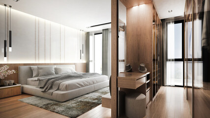 Modern luxury house and mock up and interior design of bedroom and walk in closet and wooden wall texture background