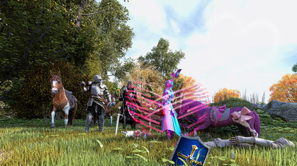 Fantasy landscape, medieval knights with armor in combat gear advance on foot in the middle of the woods and collide with the invincible pink knight, 3d illustration, 3d rendering