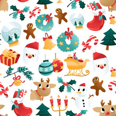 Fun Cartoon Christmas Holiday Decorations Seamless Pattern Background