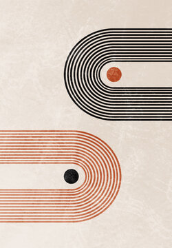 Fototapeta Abstract old school lines background with geometric, shapes.  Mid century modern minimalist art print. Organic natural shape. Line art