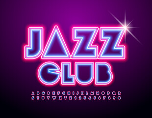Vector event flyer Jazz Club. Neon abstract Font. Glowing light Alphabet Letters and Numbers set