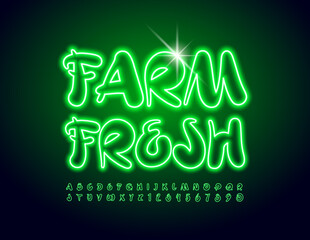 Vector eco badge Farm Fresh. Artistic illuminated Font. Bright neon Alphabet Letters and Numbers