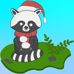 Raccoon in a Christmas hat and scarf