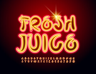 Vector electric logo Fresh Juice. Creative bright Font. Glowing neon Alphabet Letters and Numbers set