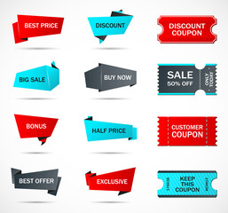 Vector stickers, price tag, banner, label. Coupon sale, offers and promotions vector template.