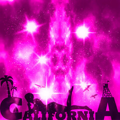 Young woman sunbathing on a beach. Silhouette of the relaxing girl on a California text. Palm and lifeguard tower on backdrop. Birds in the sky. Universe filled with stars.