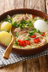 Peruvian caldo de gallina chicken noodle soup close-up in a plate on the table. vertical