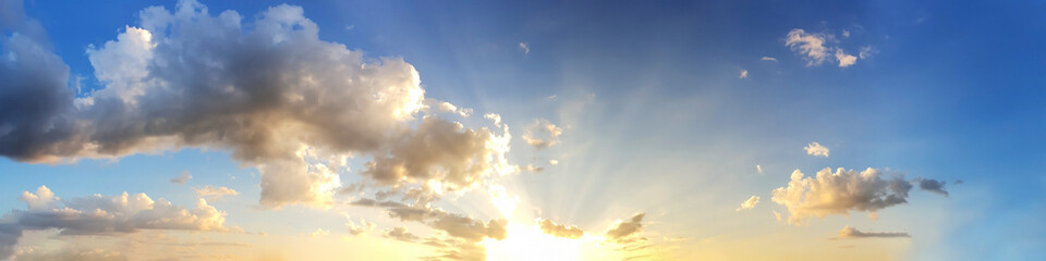 Naklejka premium Dramatic panorama sky with cloud on sunrise and sunset time. Panoramic image.
