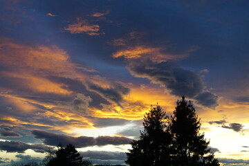 Abendrot mit leuchtenden Wolken und Bäumen im Vordergrund