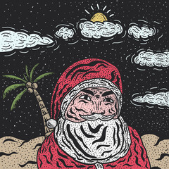 Hand drawn retro or vintage Santa illustration on night beach background, great for New Year and Christmas t-shirt illustration.