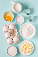 Baking or cooking background. Ingredients, kitchen items for baking.